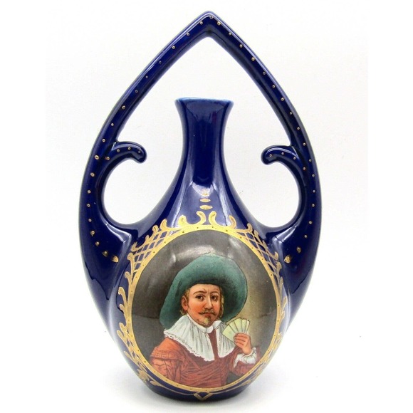 Portrait Vase Porcelain Male Card Player Cobalt Gold Gilt Continental Antique - Picture 1 of 6
